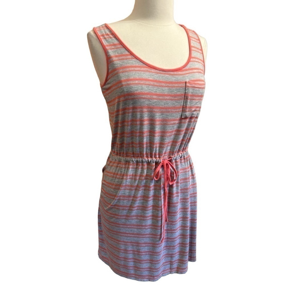 Olive & Oak Womens Coral & GrayStriped Casual Dress Tie Cinch Waist Med